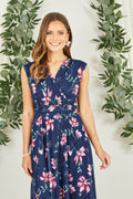 Yumi Navy Floral Print Mesh Stretch Midi Dress With Pockets - QHA UK