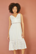 Yumi White Lace And Dobby Cotton Midi Sundress Dress - QHA UK