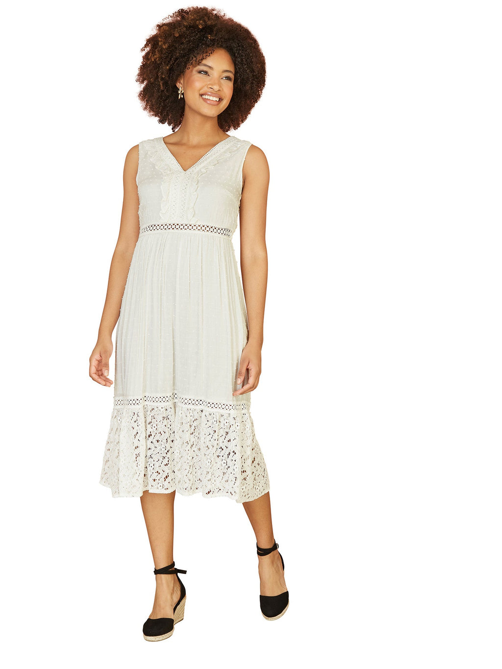 Yumi White Lace And Dobby Cotton Midi Sundress Dress - QHA UK