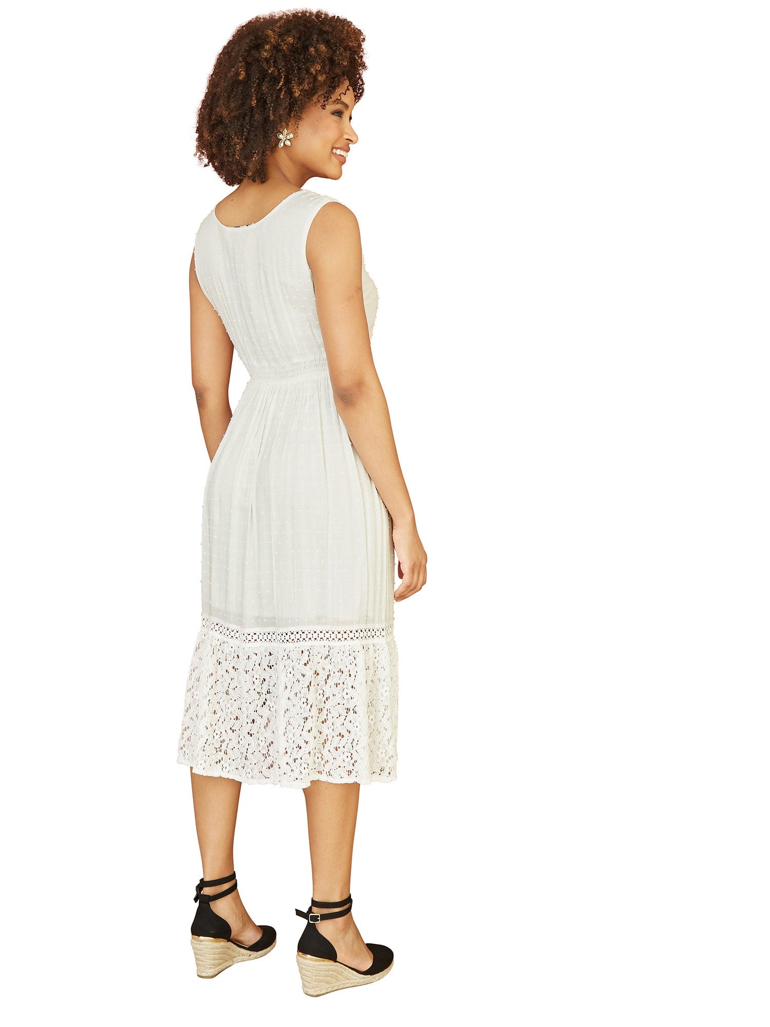 Yumi White Lace And Dobby Cotton Midi Sundress Dress