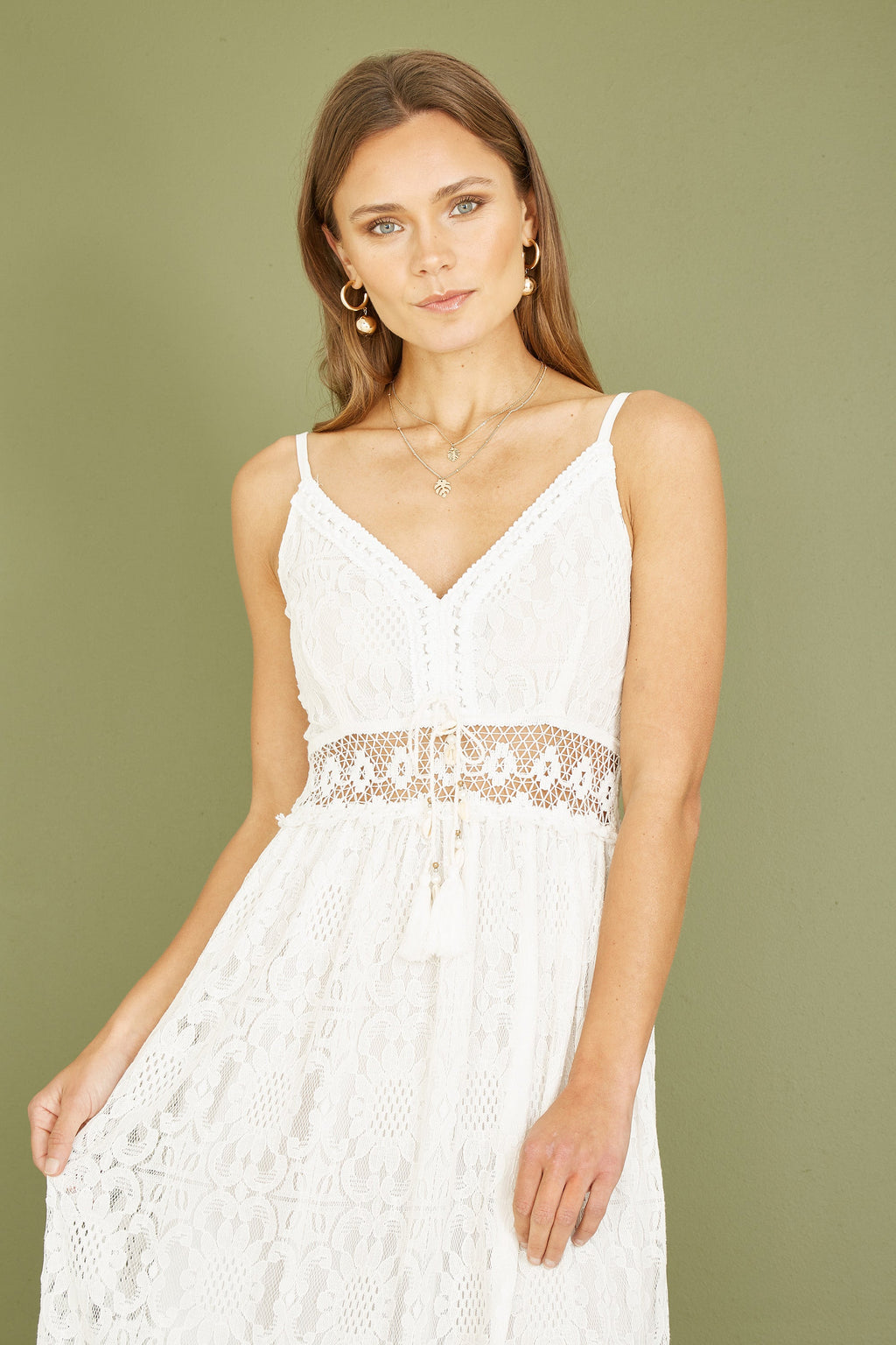 Yumi White Lace Midi Sundress With Tassel Tie and Ruched Back - QHA UK