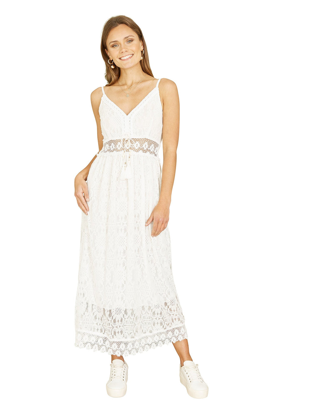 Yumi White Lace Midi Sundress With Tassel Tie and Ruched Back - QHA UK