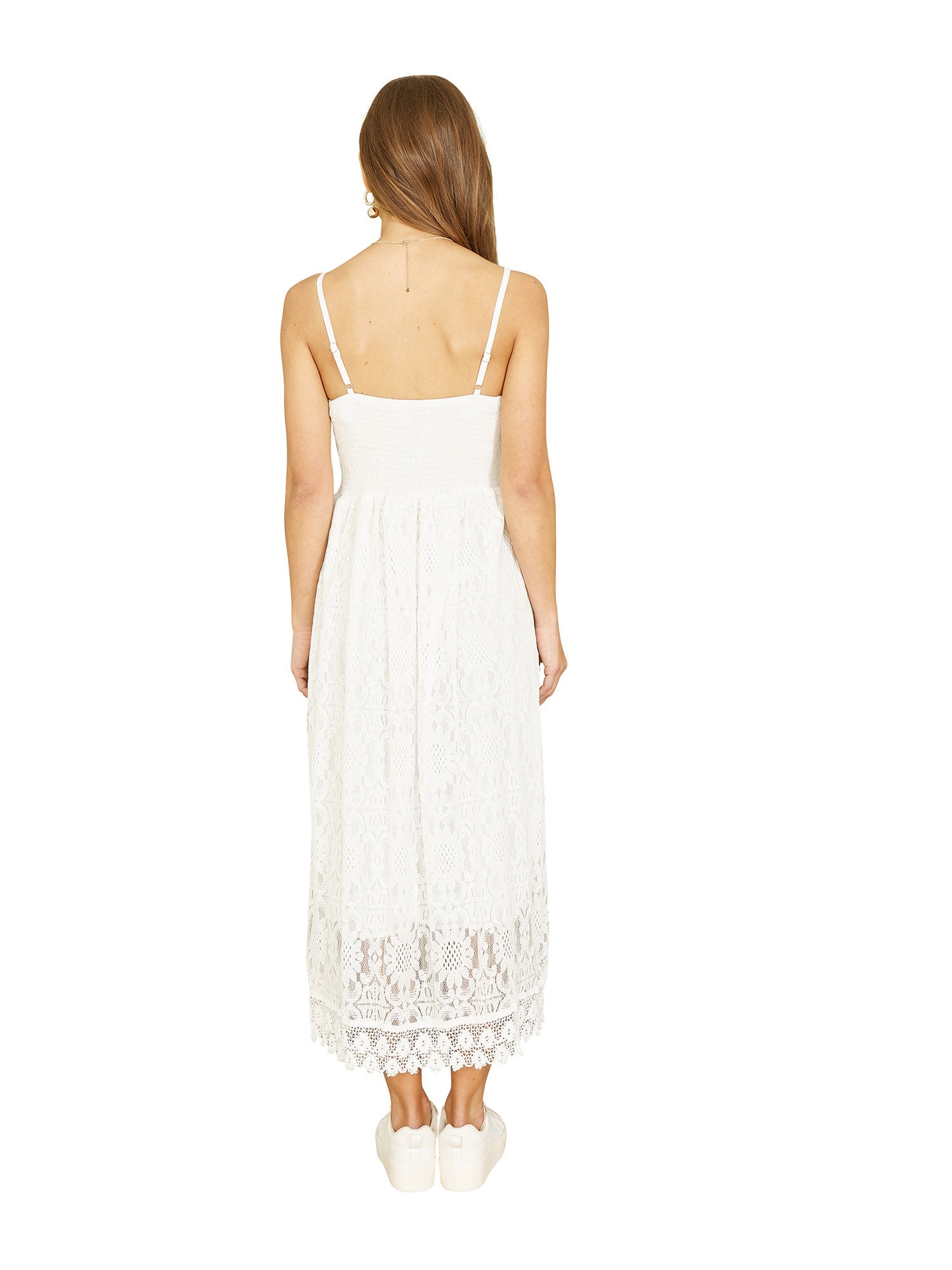 Yumi White Lace Midi Sundress With Tassel Tie and Ruched Back