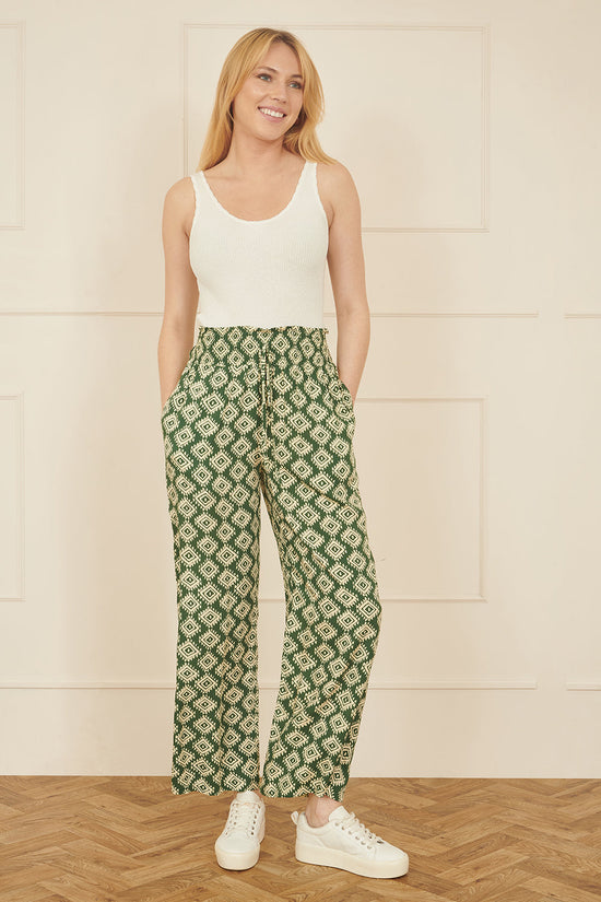 Yumi Green Geo Print Relaxed Fit Trousers - QHA UK