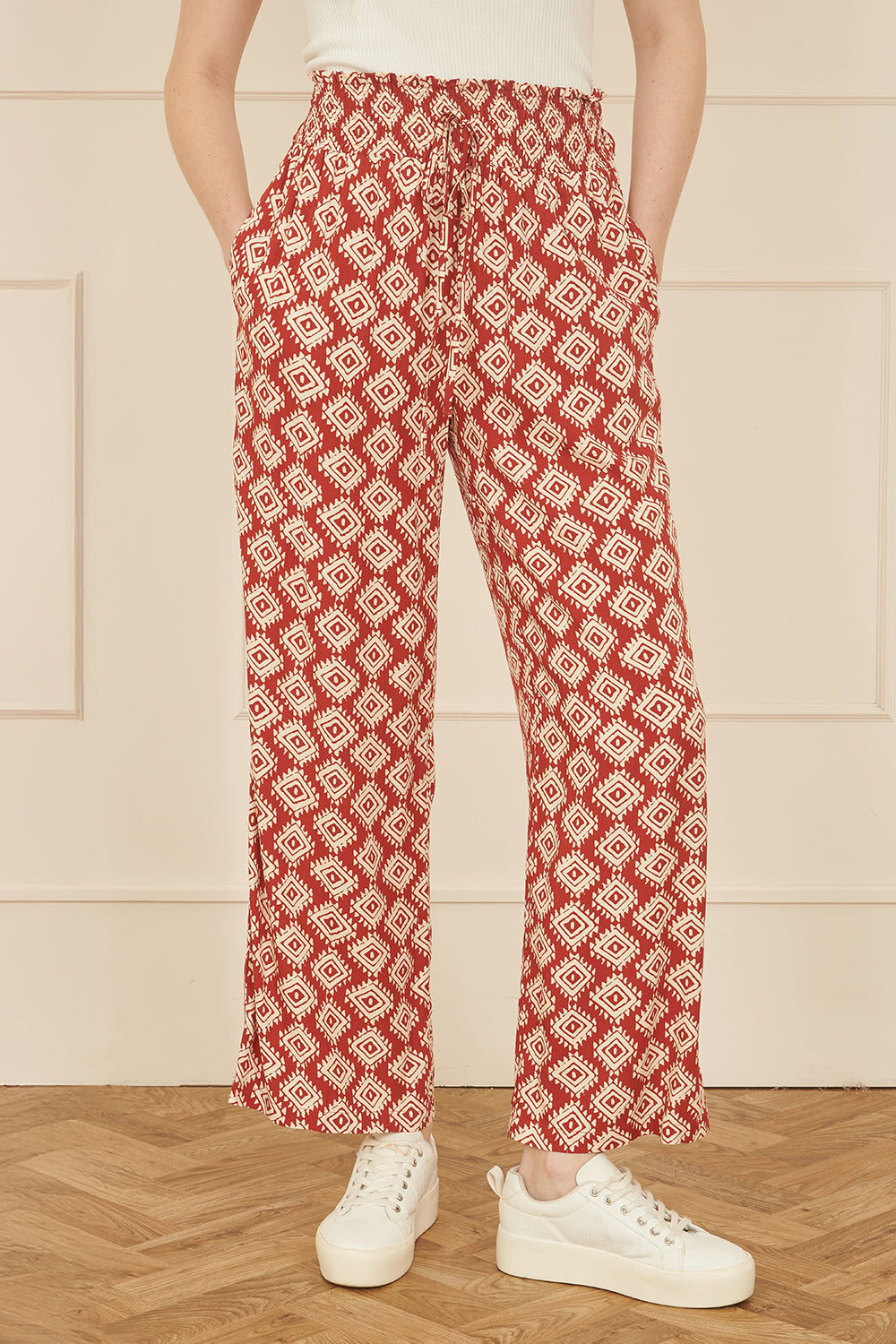 Yumi Red Geo Print Relaxed Fit Trousers - QHA UK