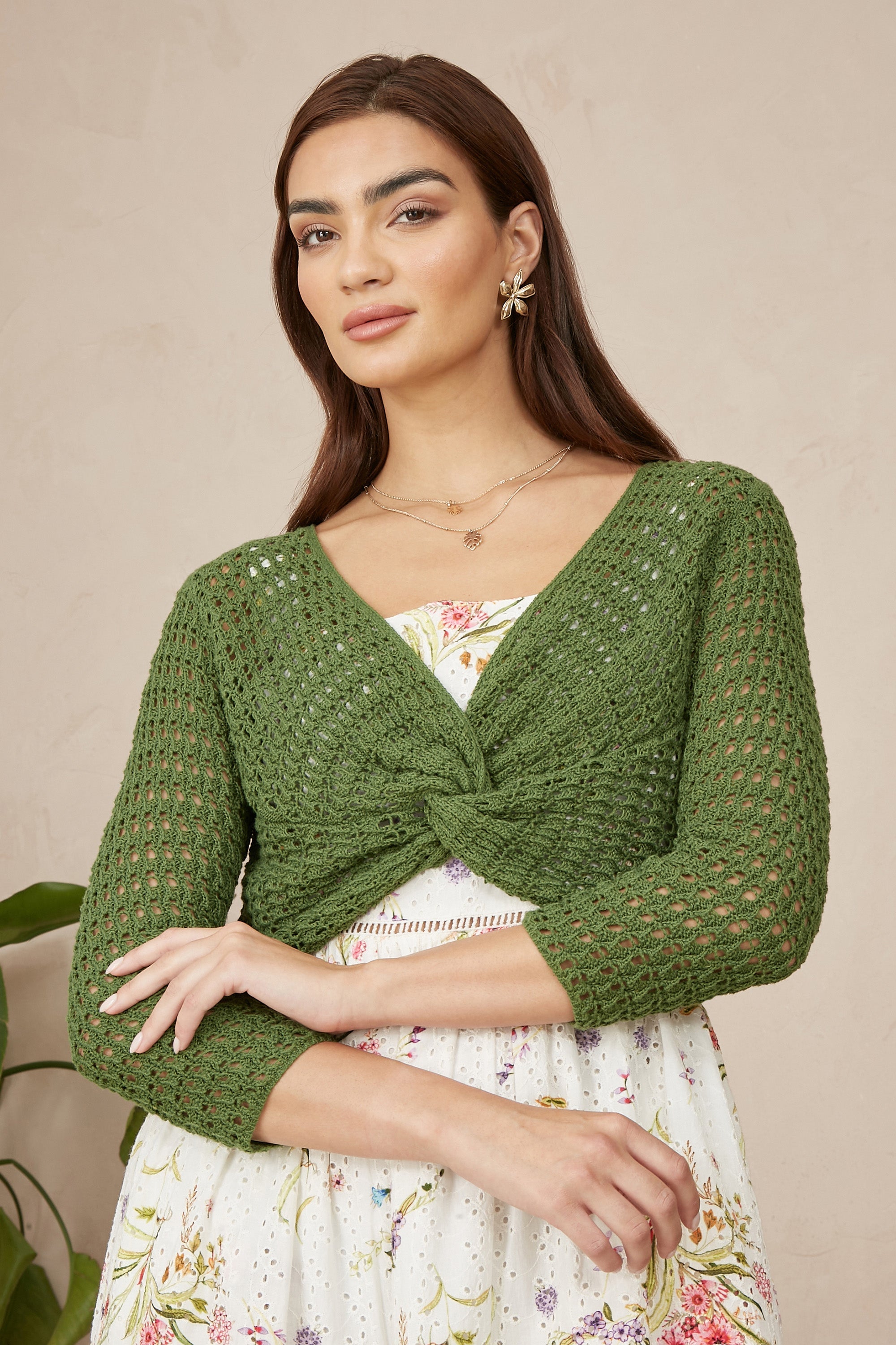 Yumi Green Cotton Crochet Twisted Bolero Top - QHA UK