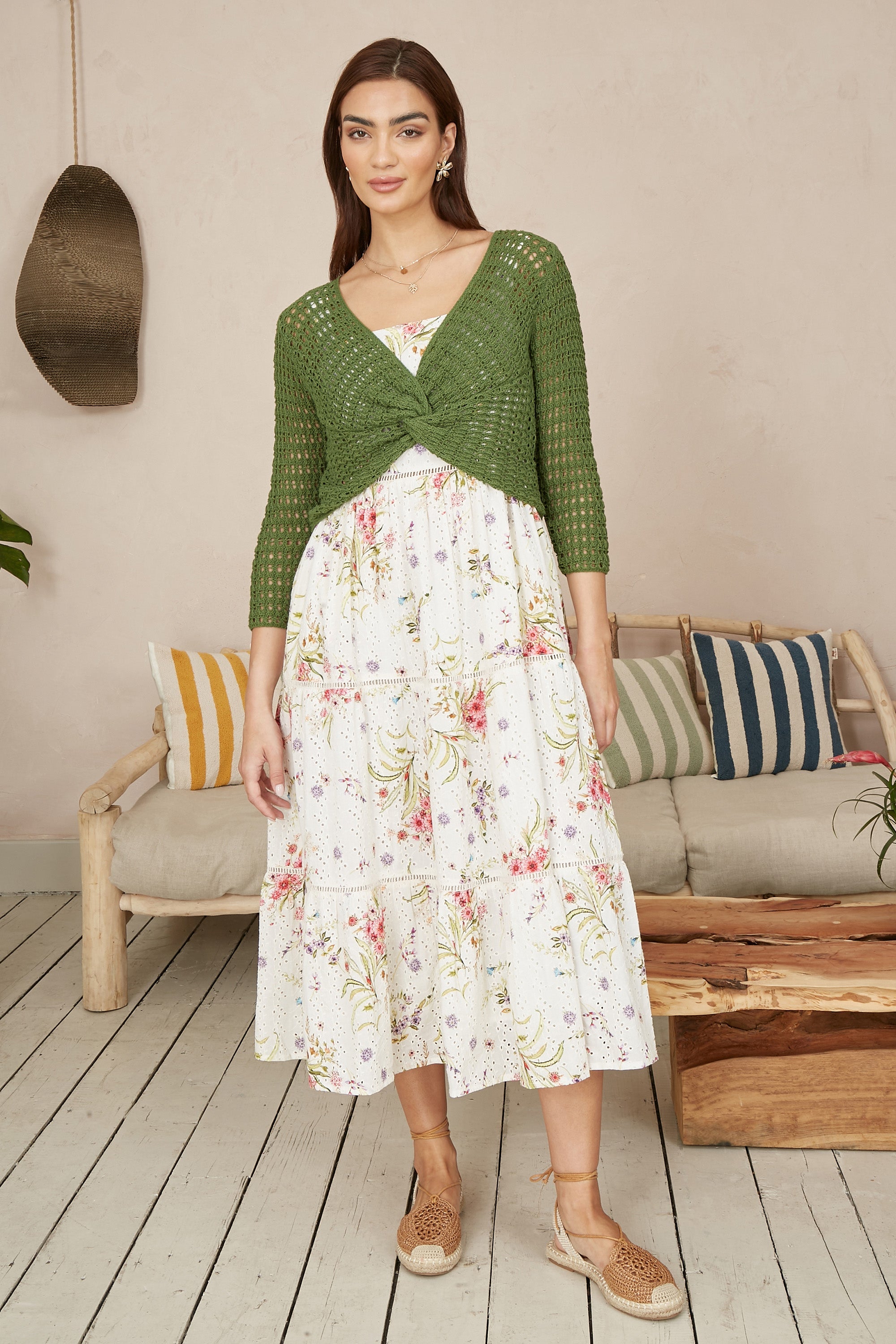 Yumi Green Cotton Crochet Twisted Bolero Top - QHA UK