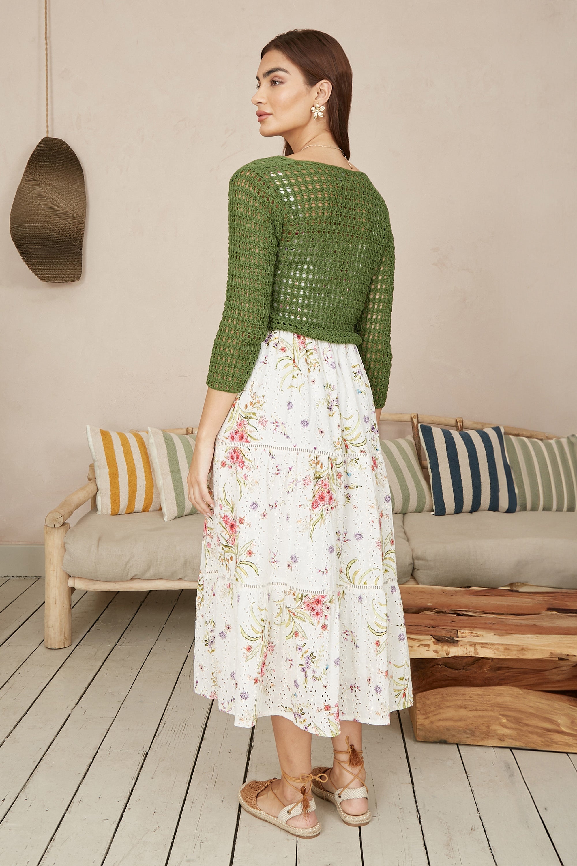 Yumi Green Cotton Crochet Twisted Bolero Top - QHA UK