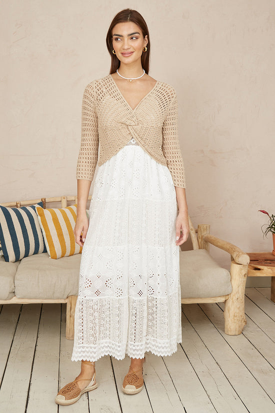 Yumi Beige Cotton Crochet Knitted Top - QHA UK