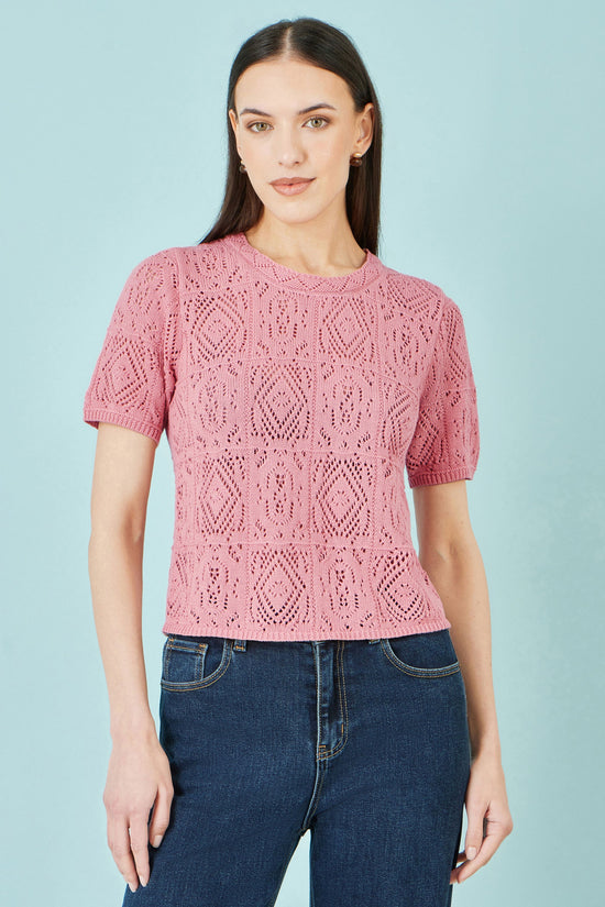 Yumi Pink Cotton Crochet Knitted Top - QHA UK