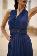 Yumi Navy Lace Trim Cotton Midi Sun Dress - QHA UK