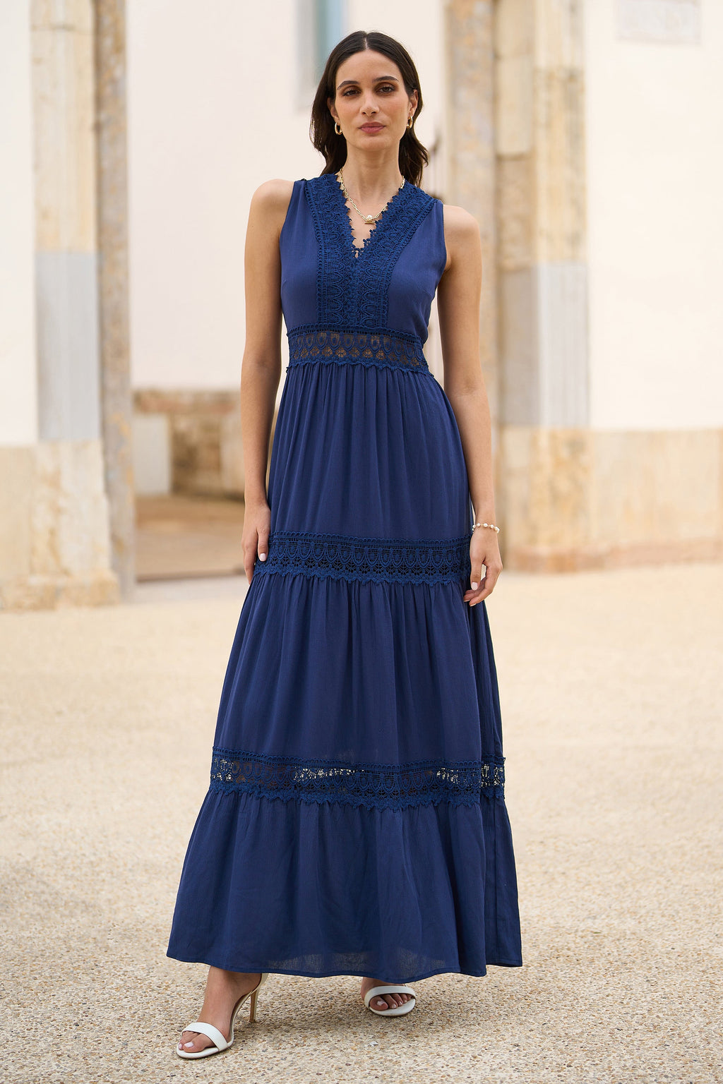 Yumi Navy Lace Trim Cotton Midi Sun Dress - QHA UK