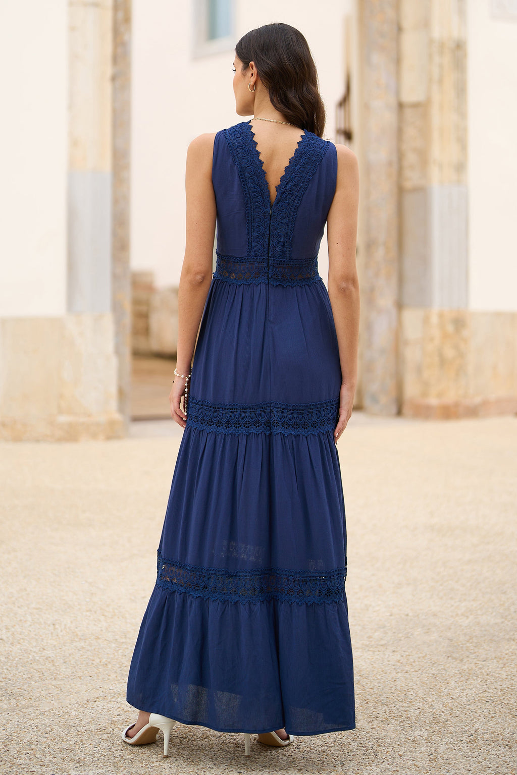 Yumi Navy Lace Trim Cotton Midi Sun Dress - QHA UK