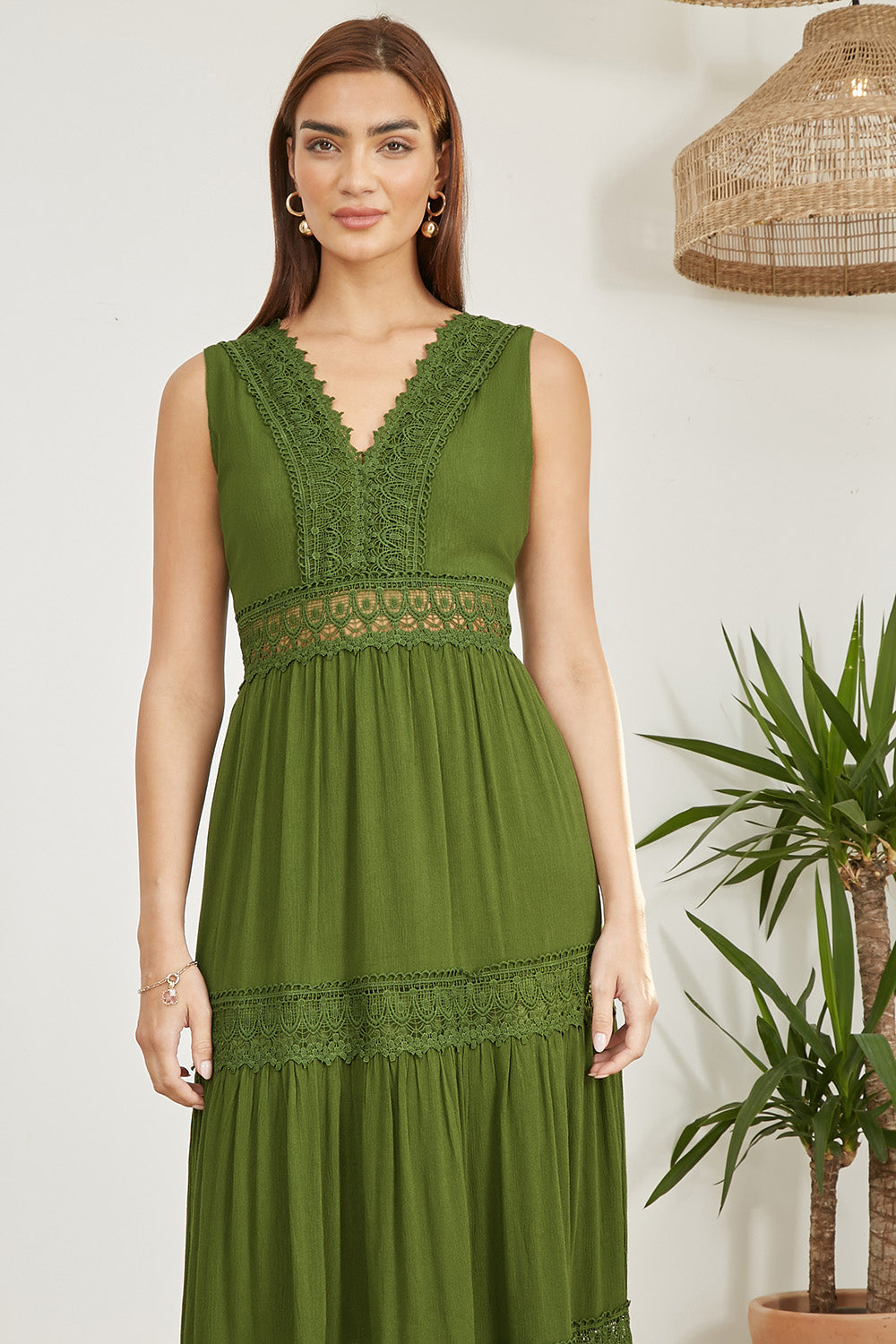 Yumi Green Lace Trim Cotton Midi Sun Dress - QHA UK