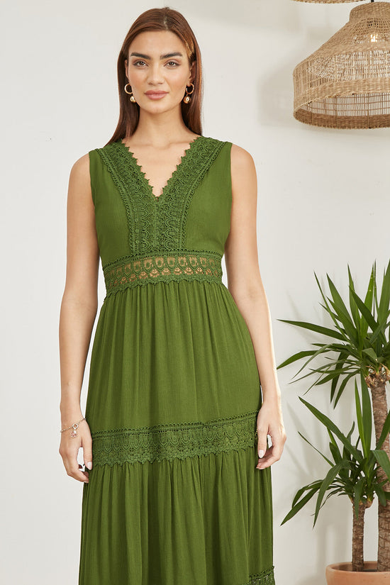 Yumi Green Lace Trim Cotton Midi Sun Dress - QHA UK