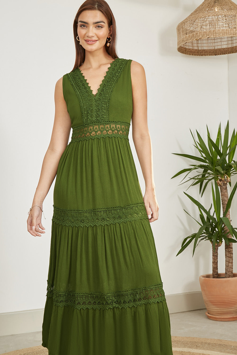 Yumi Green Lace Trim Cotton Midi Sun Dress - QHA UK