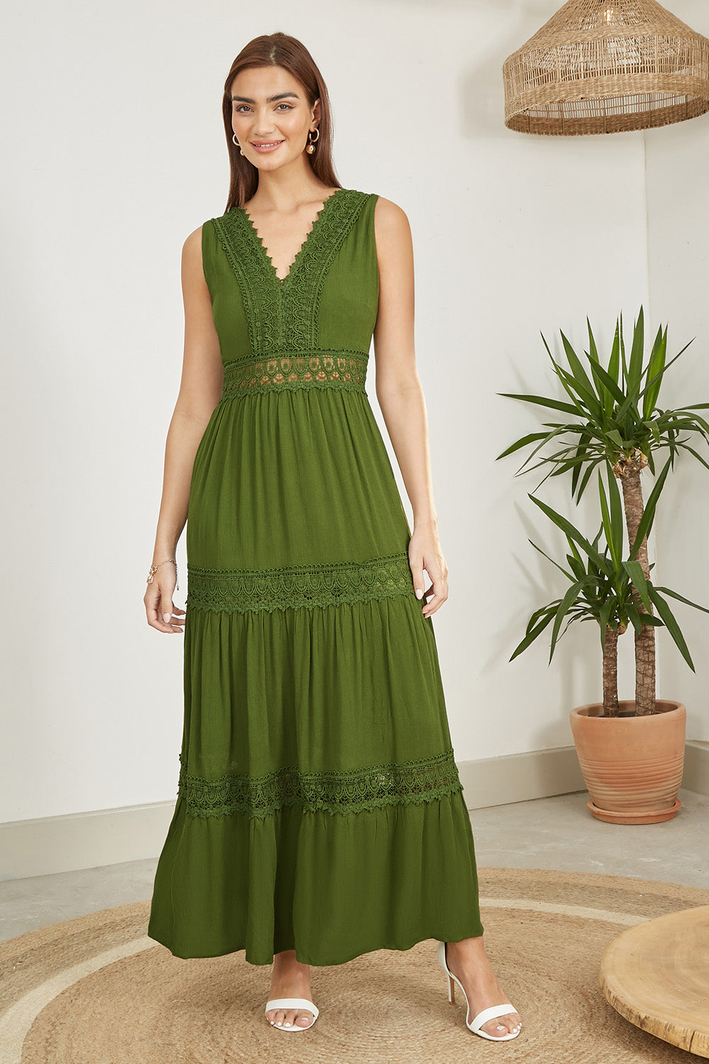 Yumi Green Lace Trim Cotton Midi Sun Dress - QHA UK