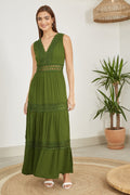 Yumi Green Lace Trim Cotton Midi Sun Dress - QHA UK