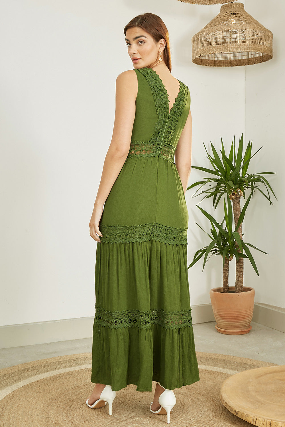 Yumi Green Lace Trim Cotton Midi Sun Dress - QHA UK