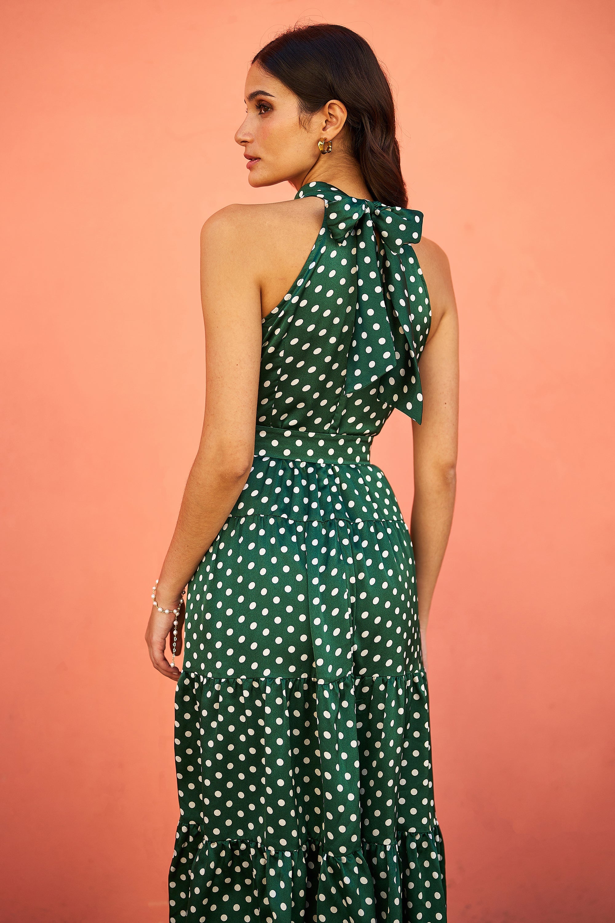 Yumi Green Spot Print Halter Midi Dress With Matching Belt - QHA UK