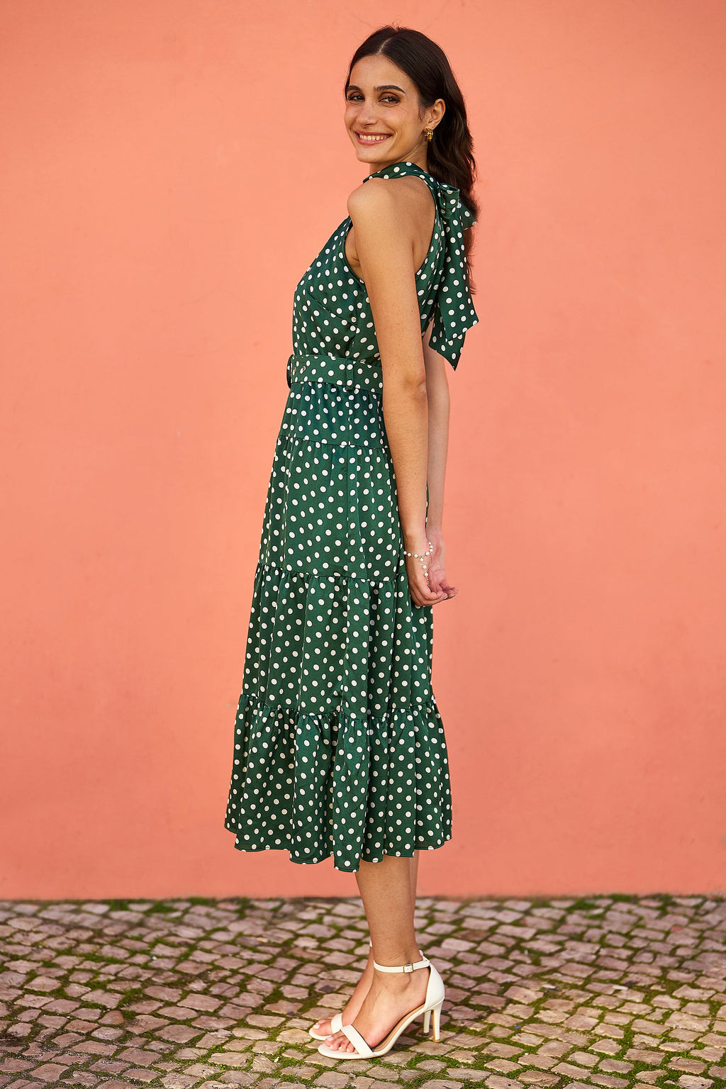 Yumi Green Spot Print Halter Midi Dress With Matching Belt - QHA UK