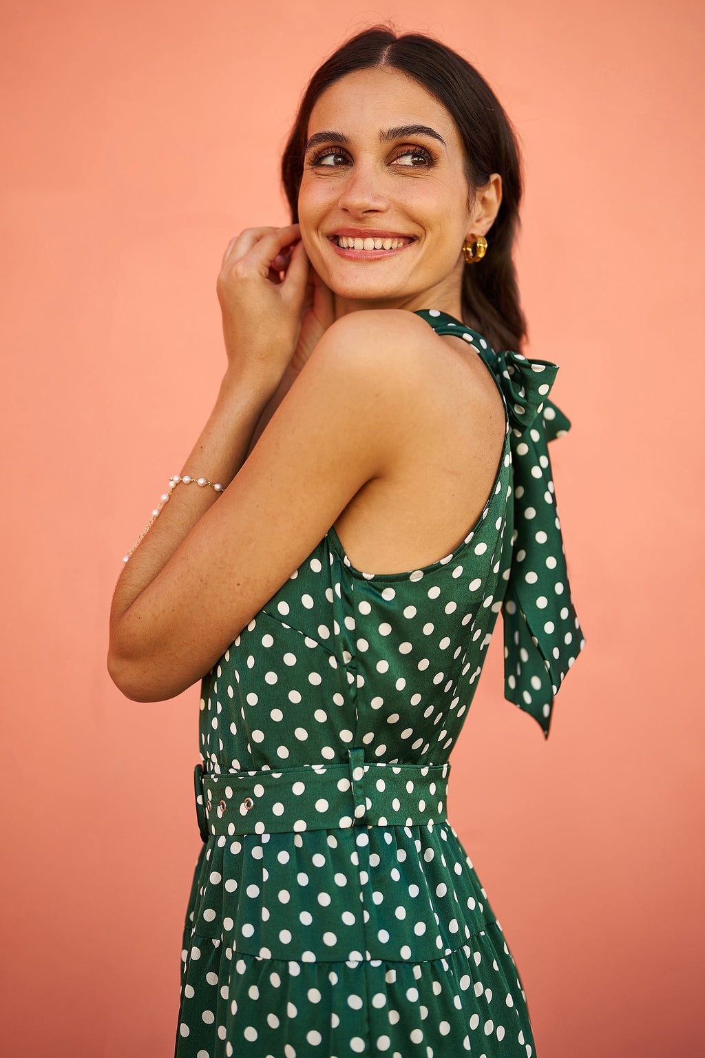 Yumi Green Spot Print Halter Midi Dress With Matching Belt - QHA UK