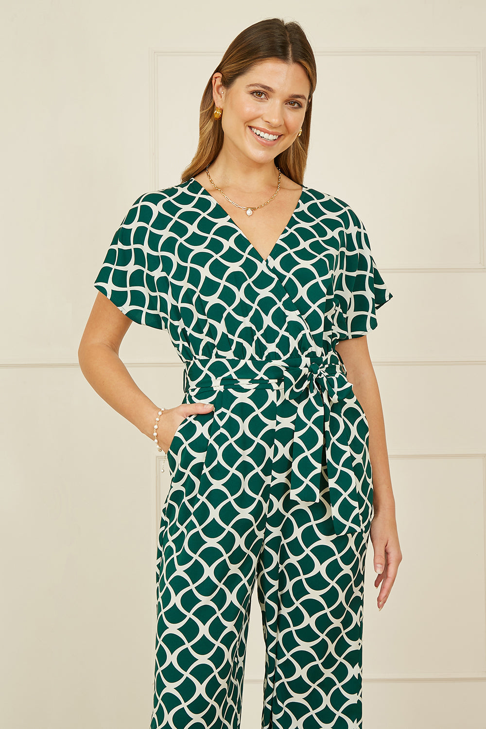 Yumi Green Geometric Print Wrap Jumpsuit - QHA UK
