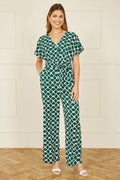 Yumi Green Geometric Print Wrap Jumpsuit - QHA UK