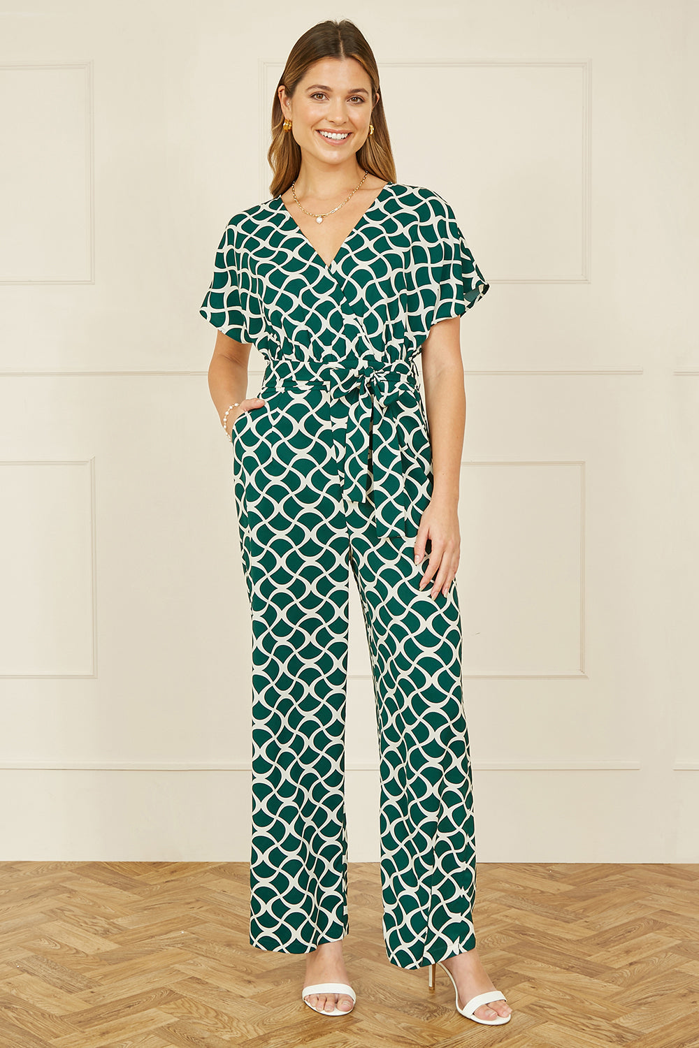 Yumi Green Geometric Print Wrap Jumpsuit - QHA UK