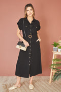 Yumi Black Viscose Linen Look Midi Shirt Dress With Wooden Belt - QHA UK