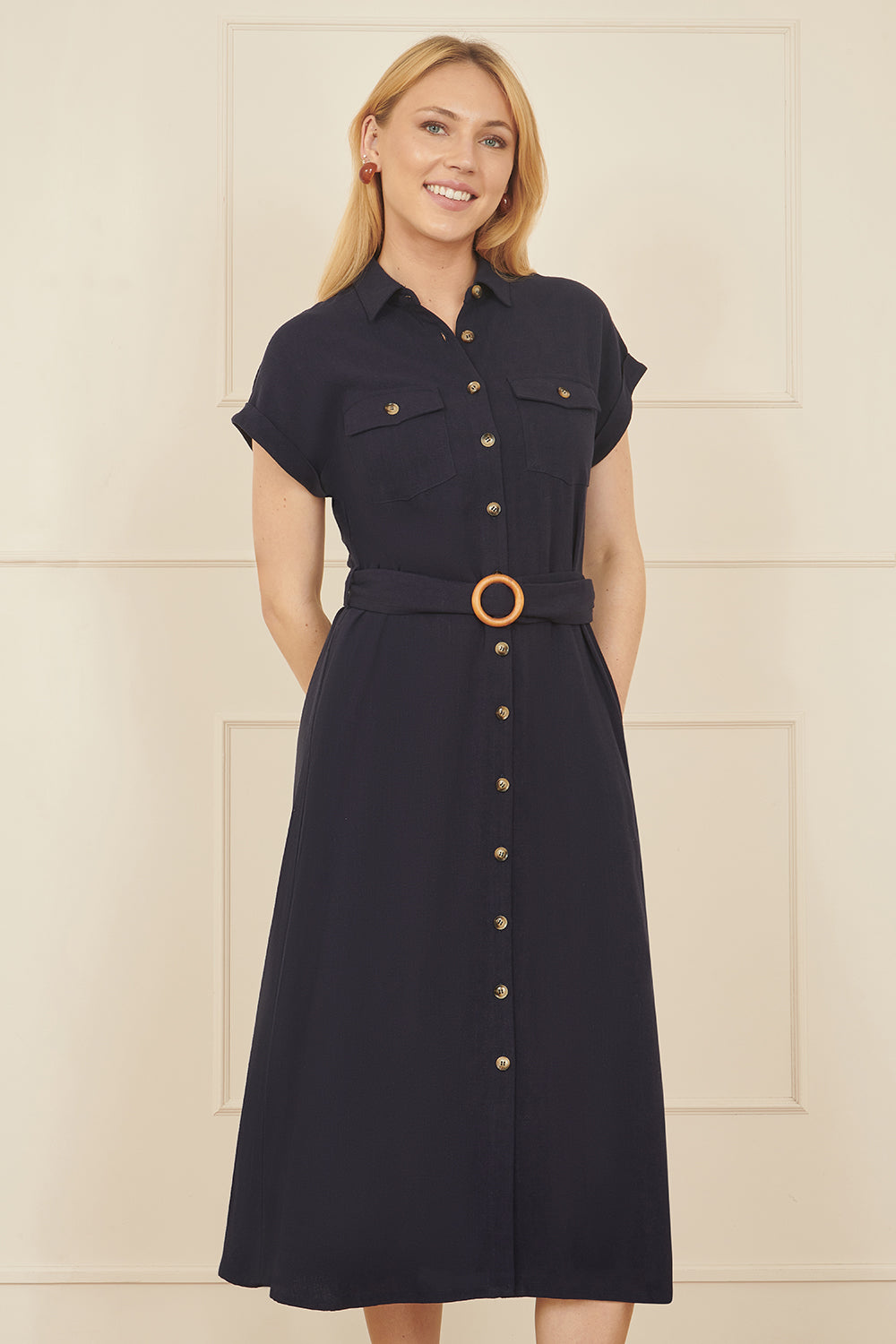 Yumi Navy Viscose Linen Look Midi Shirt Dress With Wooden Belt - QHA UK