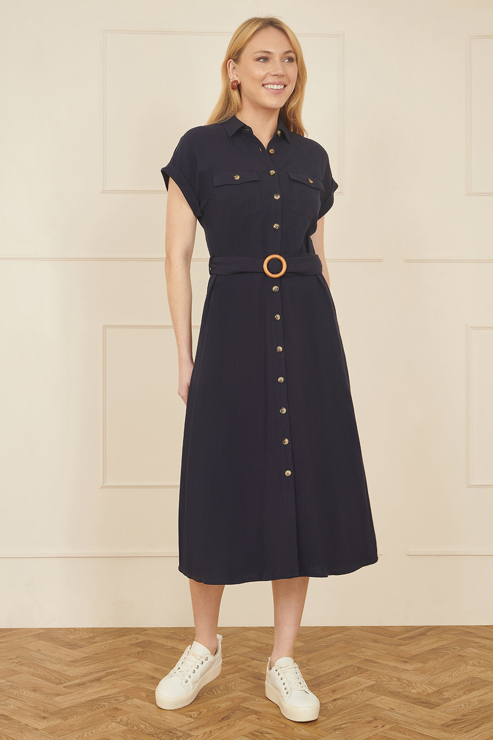 Yumi Navy Viscose Linen Look Midi Shirt Dress With Wooden Belt - QHA UK
