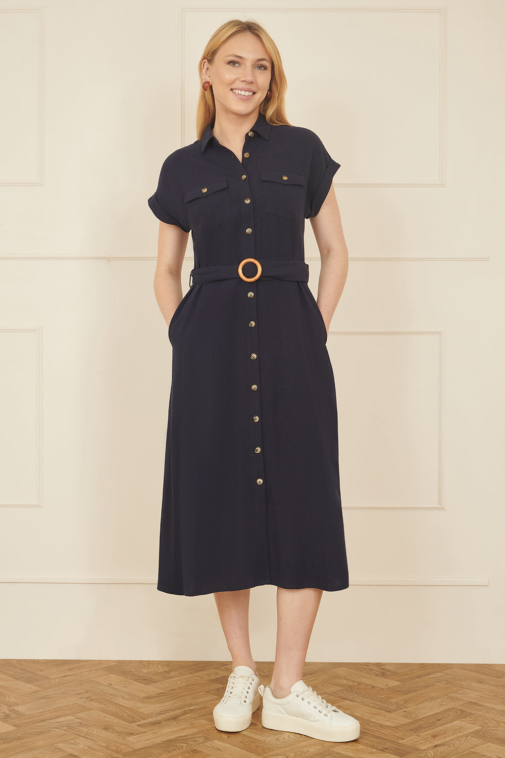 Yumi Navy Viscose Linen Look Midi Shirt Dress With Wooden Belt - QHA UK