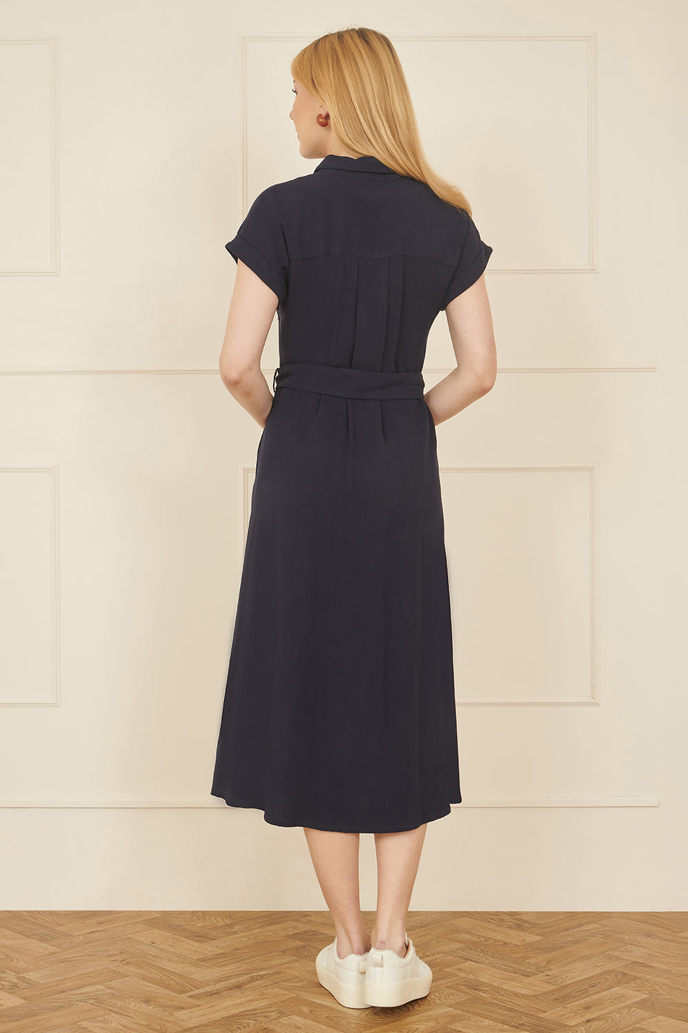 Yumi Navy Viscose Linen Look Midi Shirt Dress With Wooden Belt - QHA UK