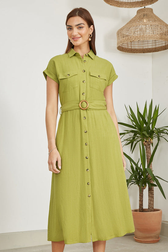 Yumi Green Viscose Linen Look Midi Shirt Dress With Wooden Belt - QHA UK