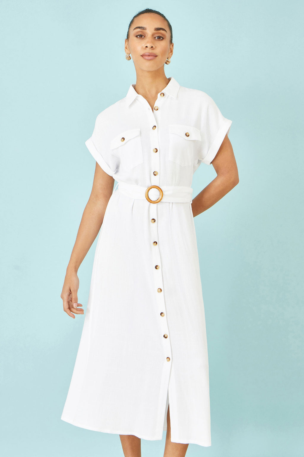 Yumi White Viscose Linen Look Midi Shirt Dress With Wooden Belt - QHA UK