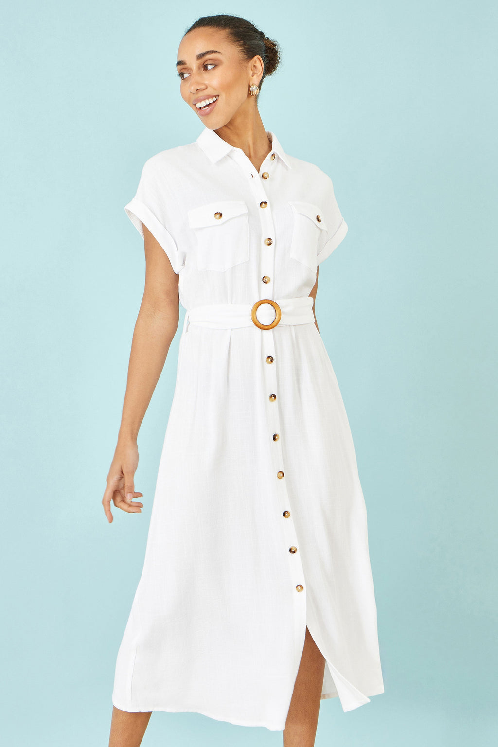 Yumi White Viscose Linen Look Midi Shirt Dress With Wooden Belt - QHA UK