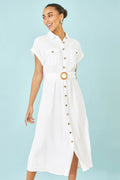 Yumi White Viscose Linen Look Midi Shirt Dress With Wooden Belt - QHA UK