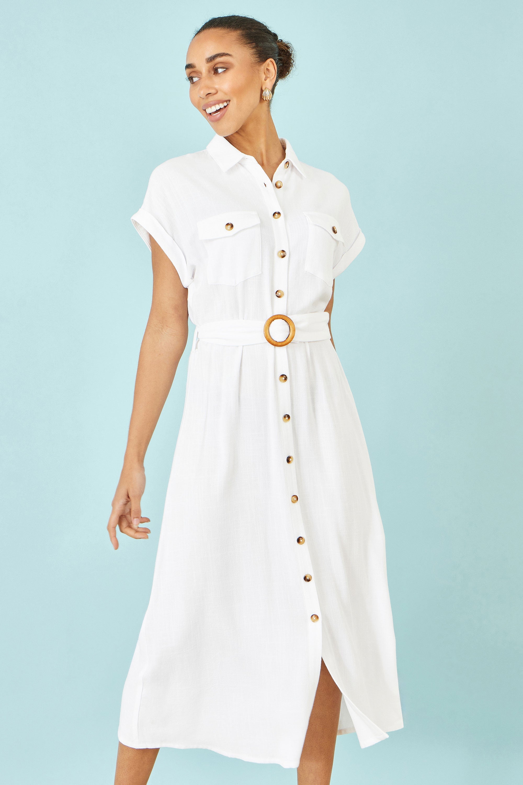 Yumi White Viscose Linen Look Midi Shirt Dress With Wooden Belt - QHA UK