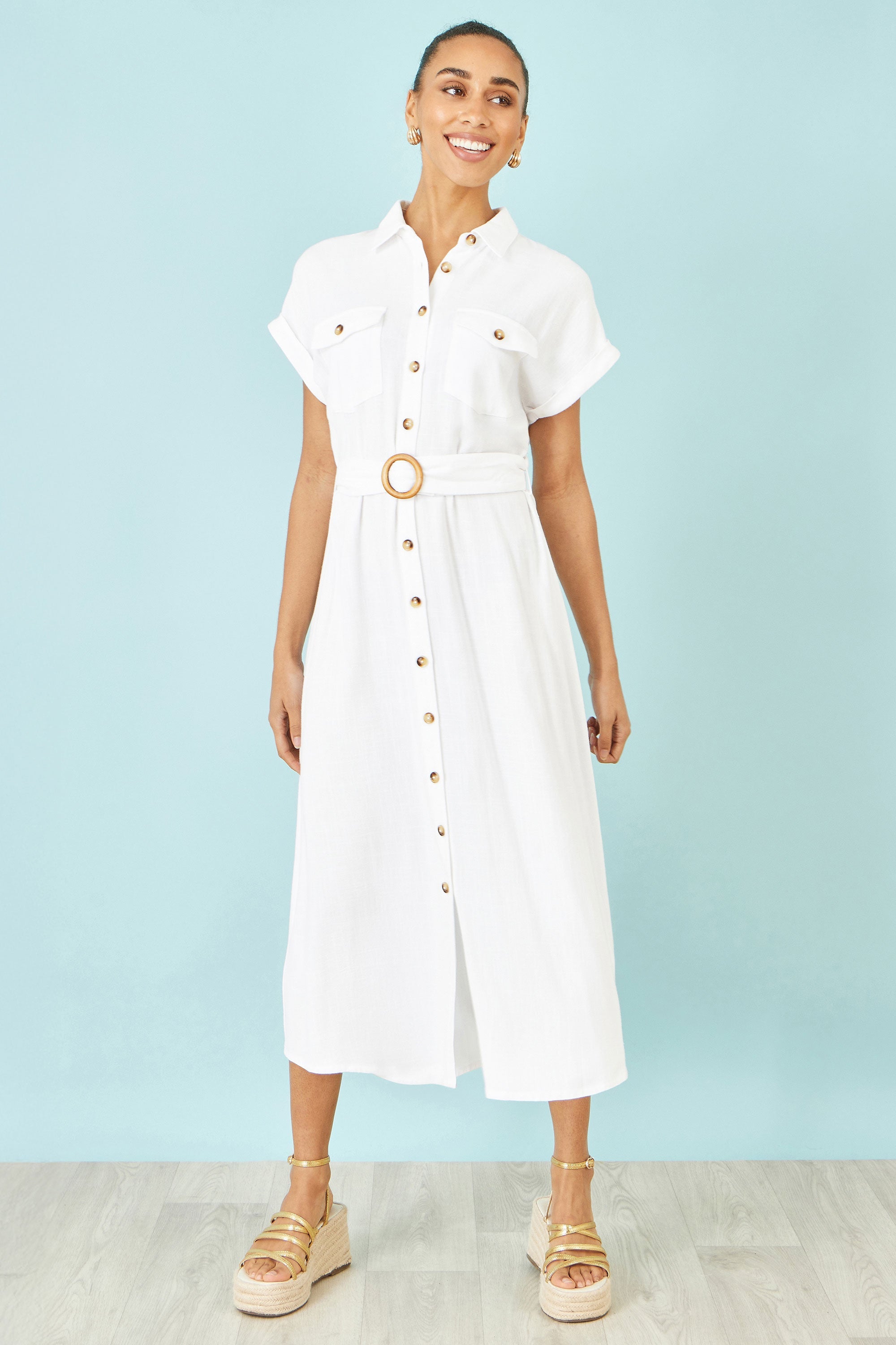 Yumi White Viscose Linen Look Midi Shirt Dress With Wooden Belt - QHA UK