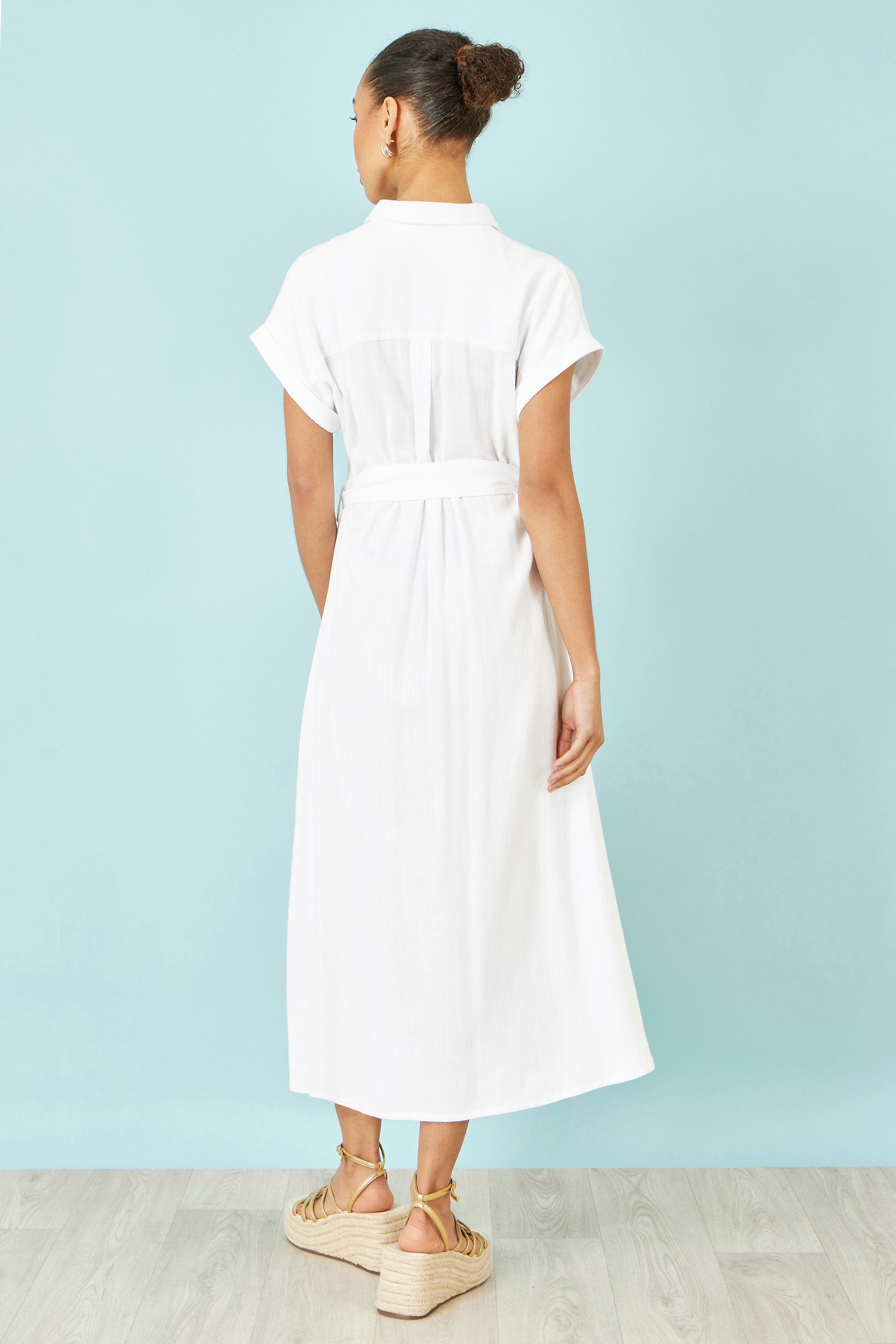 Yumi White Viscose Linen Look Midi Shirt Dress With Wooden Belt - QHA UK