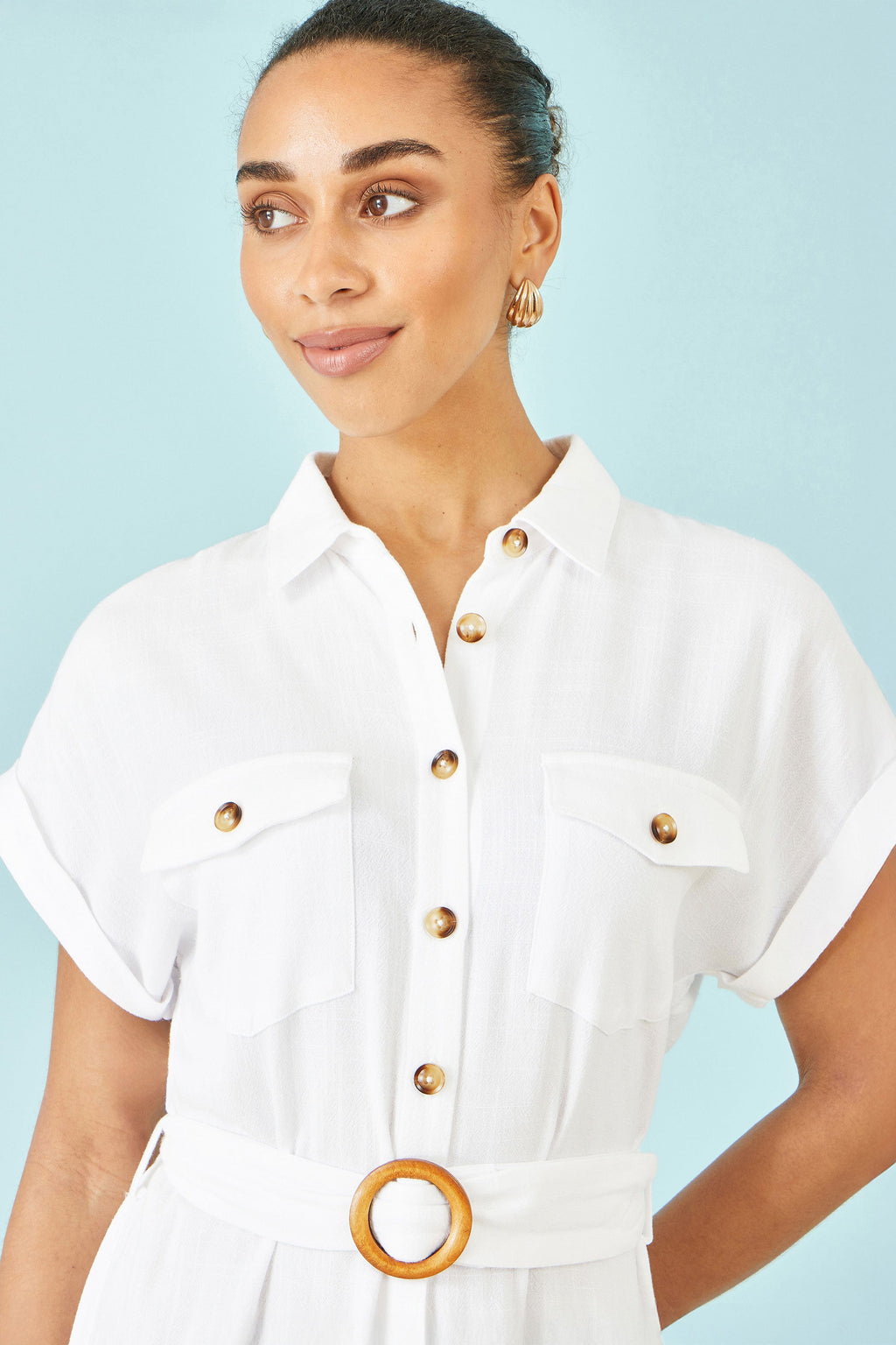 Yumi White Viscose Linen Look Midi Shirt Dress With Wooden Belt - QHA UK