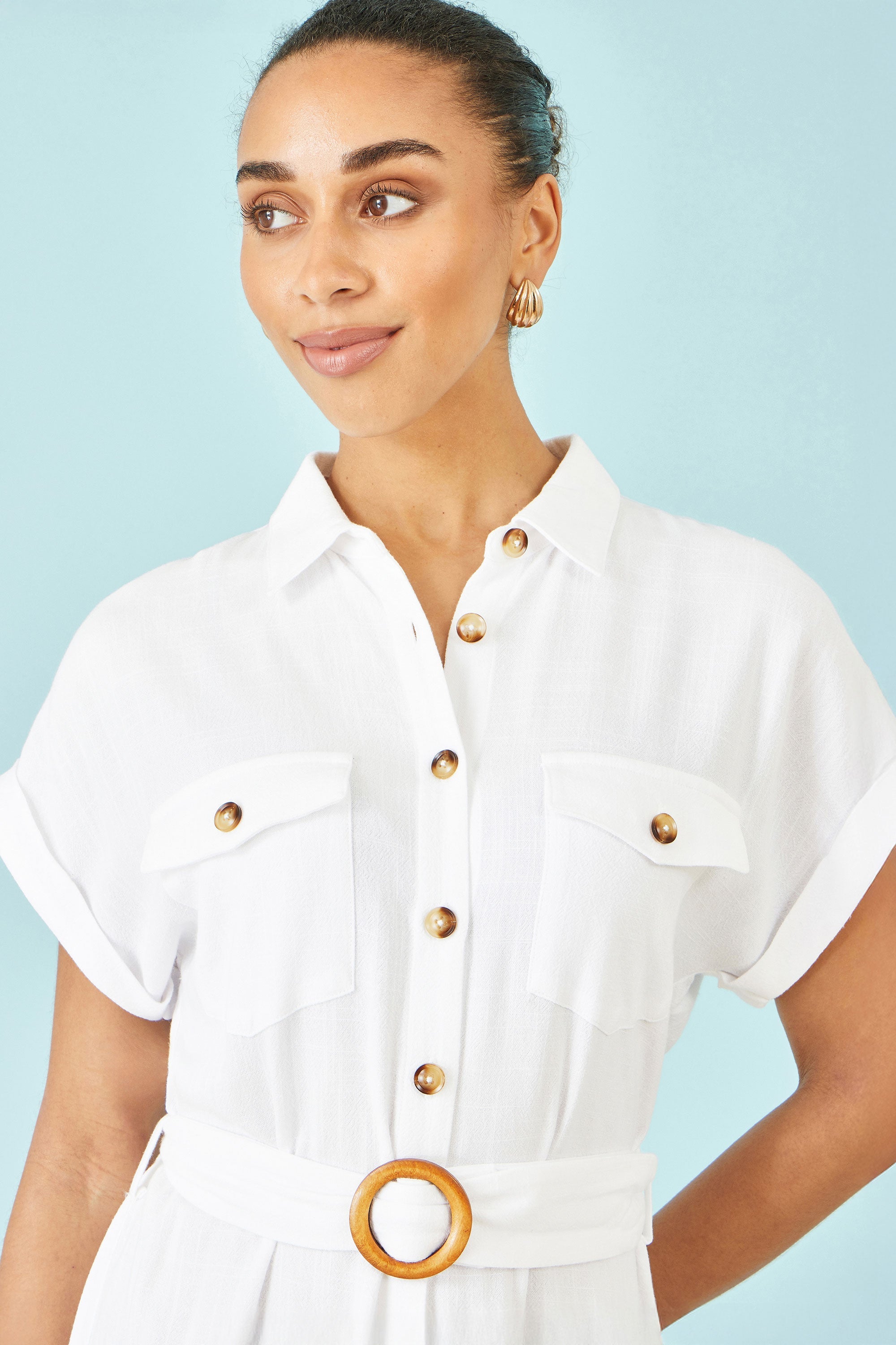 Yumi White Viscose Linen Look Midi Shirt Dress With Wooden Belt - QHA UK