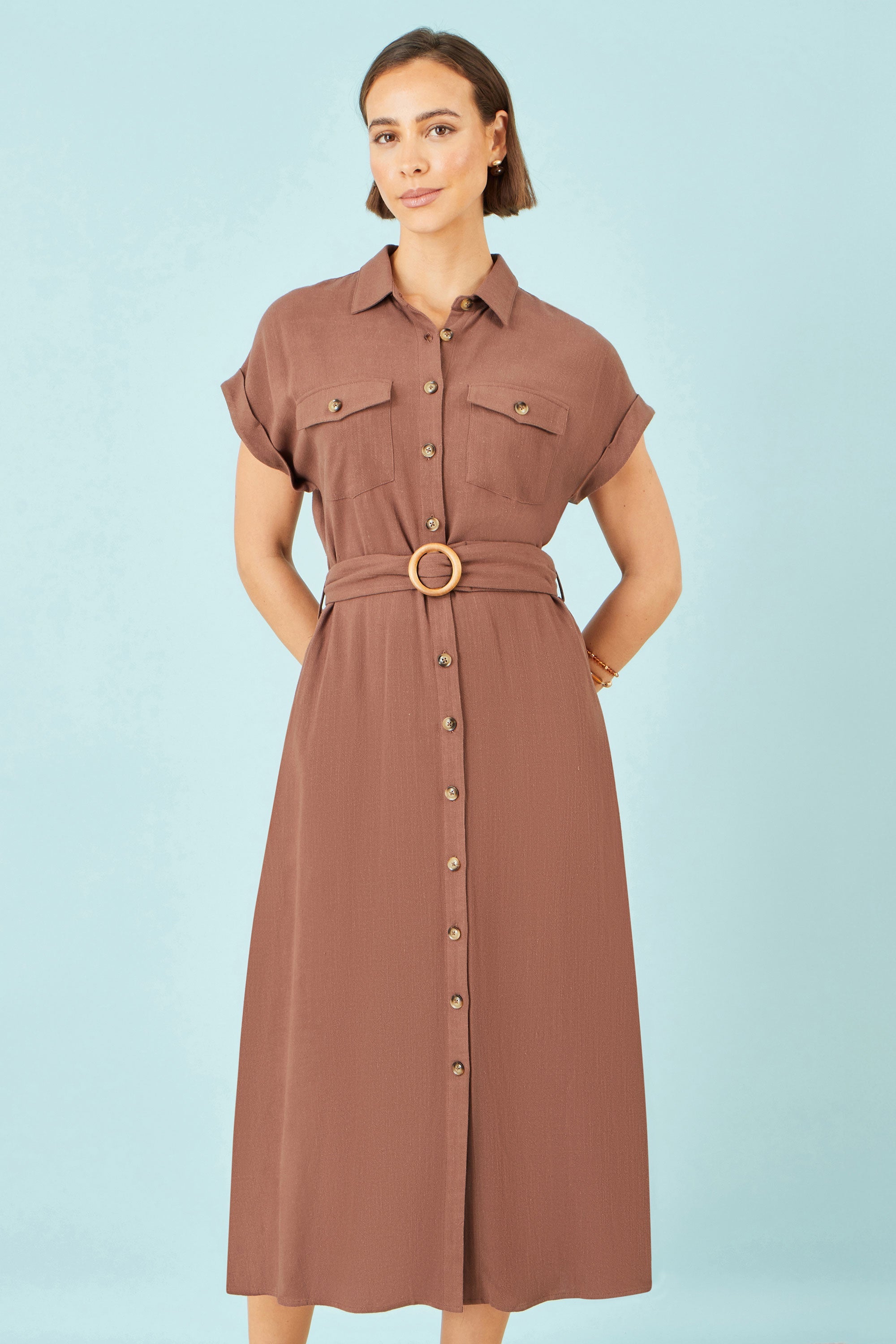 Yumi Brown Viscose Linen Look Midi Shirt Dress With Wooden Belt