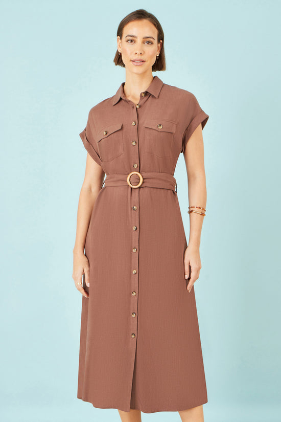 Yumi Brown Viscose Linen Look Midi Shirt Dress With Wooden Belt - QHA UK