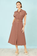 Yumi Brown Viscose Linen Look Midi Shirt Dress With Wooden Belt - QHA UK