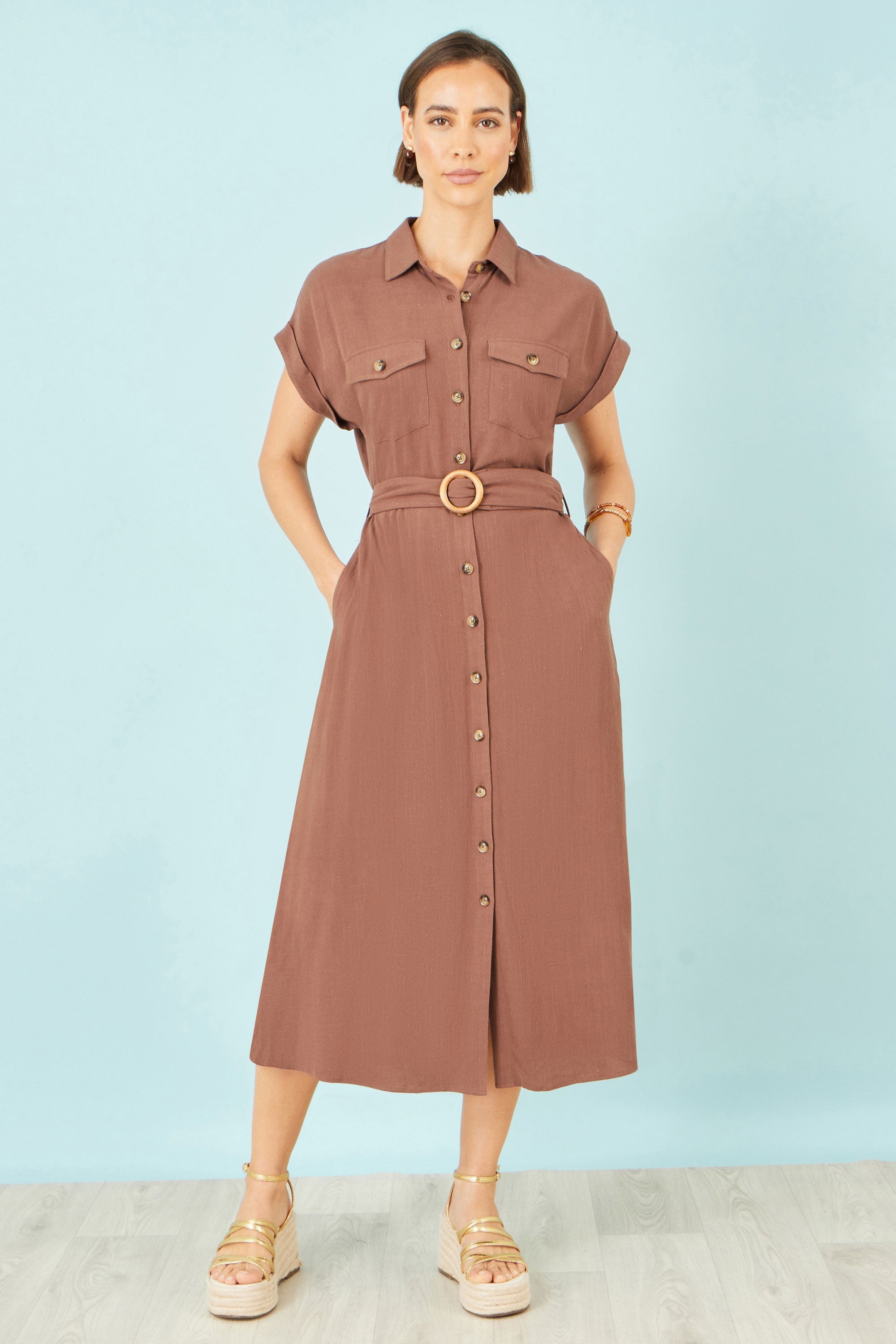 Yumi Brown Viscose Linen Look Midi Shirt Dress With Wooden Belt