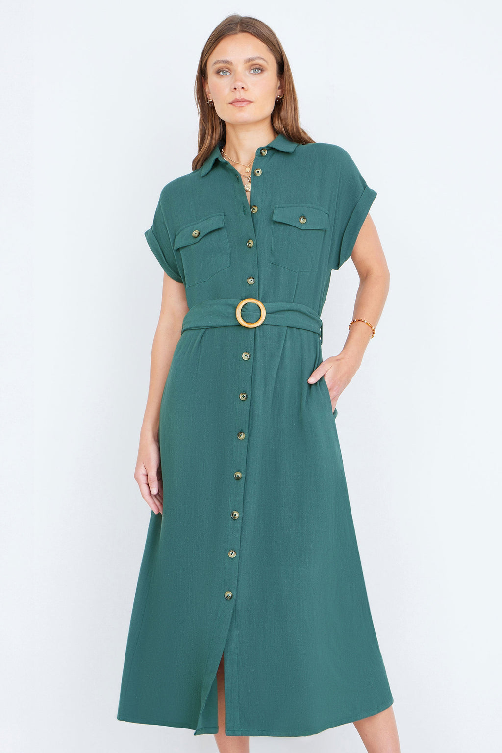 Yumi Green Viscose Linen Look Midi Shirt Dress With Wooden Belt - QHA UK