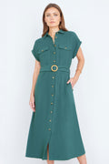 Yumi Green Viscose Linen Look Midi Shirt Dress With Wooden Belt - QHA UK