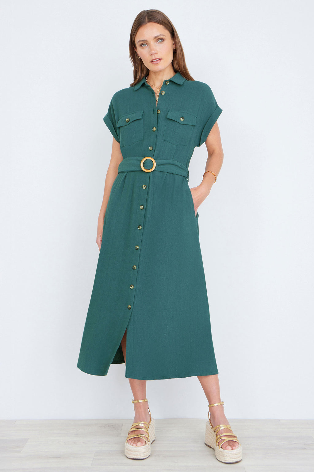 Yumi Green Viscose Linen Look Midi Shirt Dress With Wooden Belt - QHA UK